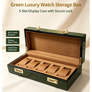 5 Slots Green Glossy Wooden <b>Watch</b> Storage Box Double Combination Lock Luxury <b>Watch</b> Collection Display <b>Case</b> For Gift Packaging - Product Image 2