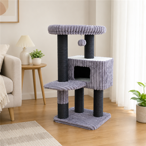 Arbre à chat confortable en velours côtelé gris avec perchoir intégré pour le sommeil, fabriqué en usine BSCI - Product Image 1