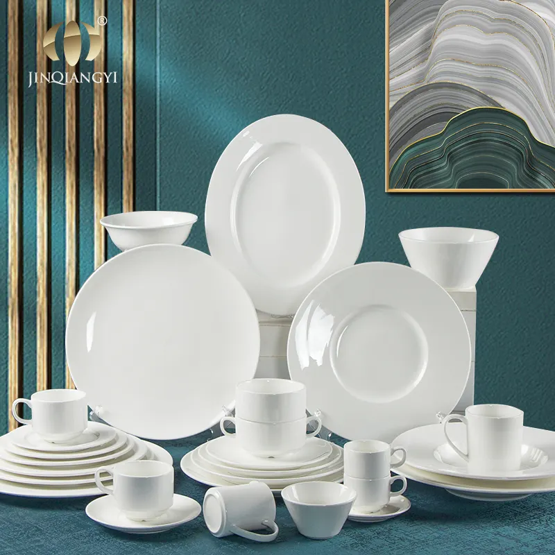 Manufaktur keramik Set Makan malam keramik putih klasik Set piring porselen perlengkapan Hotel Chinaware & restoran