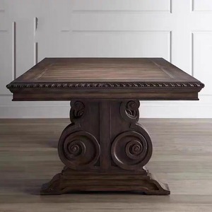 Table à manger américaine vintage sur mesure en bois massif sculpté, base en tréteaux, sculpture à motifs, brun antique, pour villa et restaurant - Product Image 6
