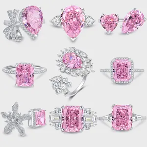 Fashion Luxurious 925 Sterling Silver Jewelry Big Pink Zircon Adjustable Ring Design For Women