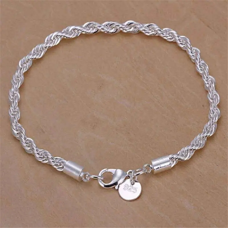 European and American Luxury Fashion 4mm Silver Plated Twist Rope Bracelet Women Ladies Female Jewelry Bracelets Jewellery