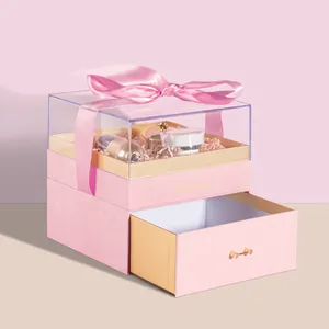 Caja de regalo de lujo personalizada al por mayor, de 2 capas caja rígida, tapa acrílica, regalo de boda de terciopelo, cajas de papel de embalaje de flores con cinta