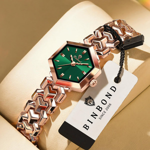 Binbond Women's Octagonal Quartz Watch Rose Gold Green Dial Stainless Steel <b>Bracelet</b> Waterproof Analog N277 - Product Image 1