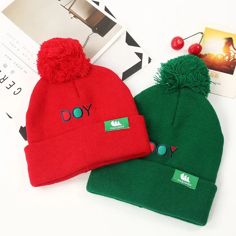 Venda quente personalizado seu próprio logotipo suéter, malha, boné, gorro de inverno com pom pom