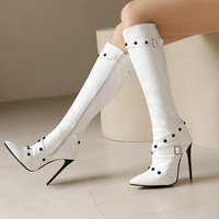 Bottes élégantes mi-mollet à talons aiguilles, sexy, à bout pointu, chaussures d'hiver grande taille, talons hauts pour femmes, en cuir PU, vente en gros