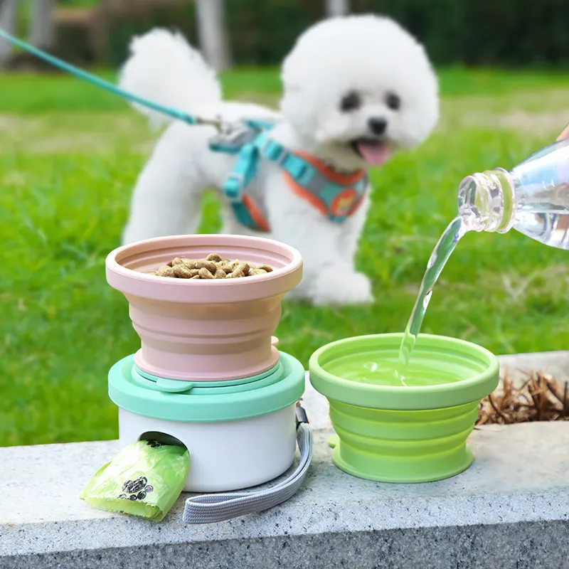 야외 3 in 1 실리콘 애완 동물 그릇 똥 가방 디스펜서 액세서리 음식 용기 마시는 먹는 피더 컵 개 물병