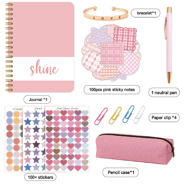 Cute Kawaii Pink Girls DIY Planner Notebook Journal Sticky Notes Bracelet Pen Pencil Case Gift Box Stationary Set for Students
