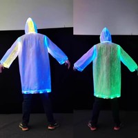 Разноцветное светодиодное пальто-тренч с длинными рукавами и капюшоном из оптоволоконной ткани, унисекс, меняющее цвет, для винных баров, ночных клубов, караоке и вечеринок
