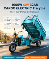Elektrische vracht-driewieler met kiepbak 1000W60V32Ah zware uitvoering 3-wiel elektrische driewieler voor goederenvervoer en stedelijk transport