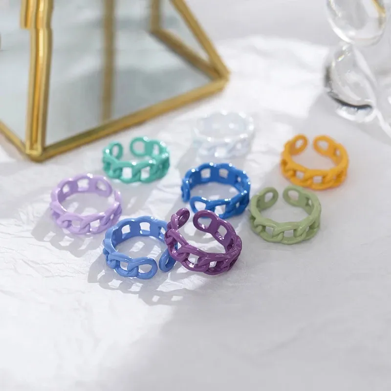 New Vintage Thẩm Mỹ Resin Nhẫn Punk Đầy Màu Sắc Acrylic Hollow Geometric Chunky Chuỗi Liên Kết Mở Nhẫn Cho Phụ Nữ Tuyên Bố Đồ Trang Sức