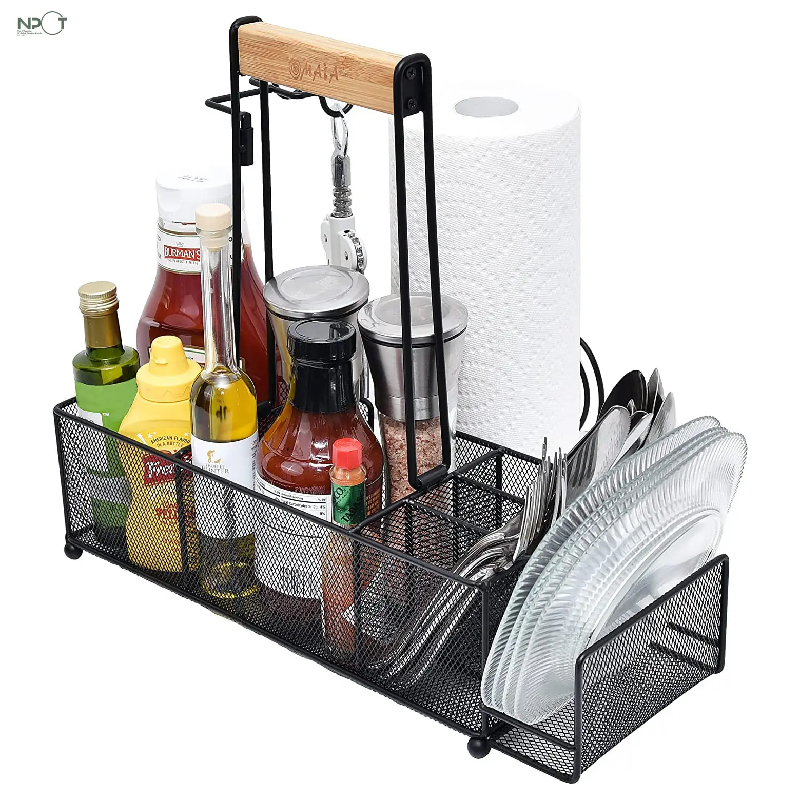 NPOT BBQ and Grill Caddy with Paper Towel Holder Wooden Handle and 2 Hooks RV Accessories Plates,Cutlery and Barbecue Organizer