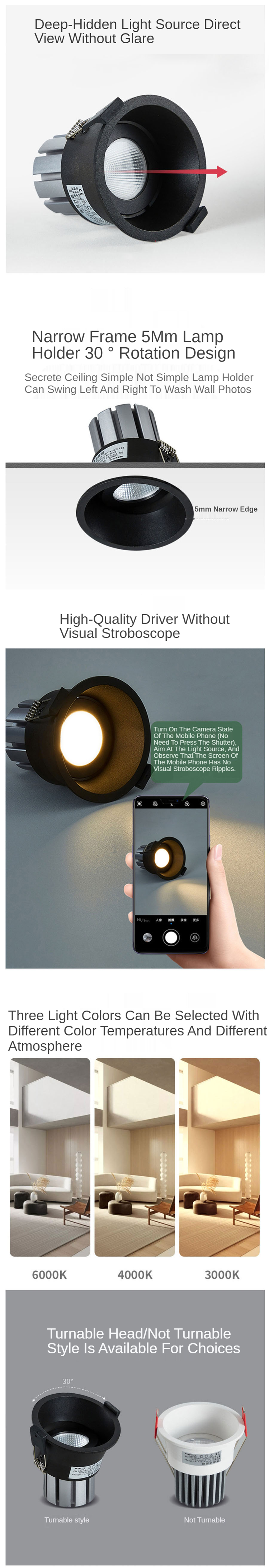Recessed Aluminium Black White Adjustable COB Spotlight