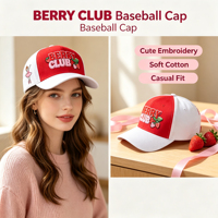 Gorra de Béisbol de Moda para Mujer, Estilo Dulce, Bicolor, con Bordado de Letras BERRY CLUB y Fresa, y Bordado Trasero de Bailarina y la Frase "Sweet Life"