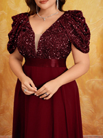 Robe de soirée élégante haut de gamme pour femme grande taille, col en V profond, manches bouffantes, ourlet évasé, taille nouée, avec empiècements de sequins