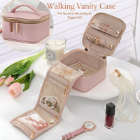 Boîte à bijoux simple et pochette de rangement pour accessoires en cuir PU et velours avec fermeture éclair, sac à bijoux transparent portable et pochette de voyage
