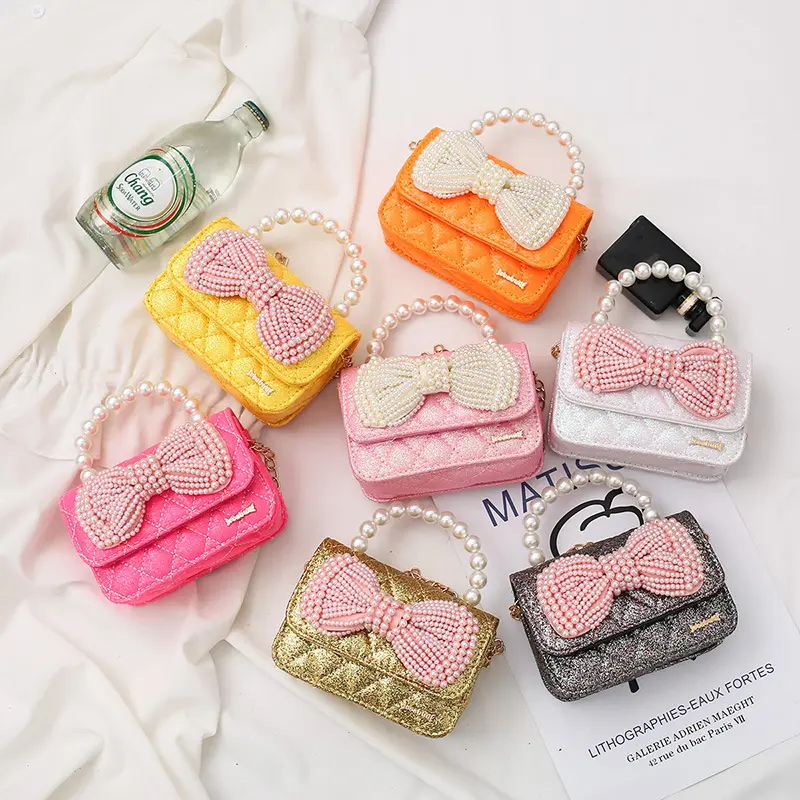 new trendy pearl bow tie glitter crossbody little girl purses kids cute kids designers bag purse toddler girl purses kids