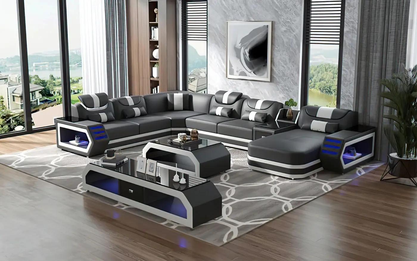 Moderne weiße Leder Schnitts ofa Set Möbel Sofa Wohnzimmer möbel mit LED-Licht
