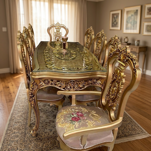 Ensemble de table à manger ronde en teck antique royal de luxe, 8 places, portable, avec miroir, pour hôtel, mobilier de salle à manger haut de gamme - Product Image 4