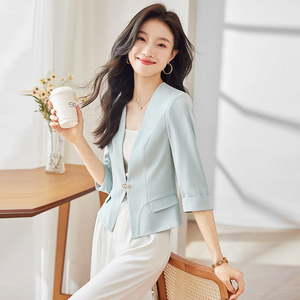 Women's Blazer Summer 2025 Slim Fit Short Jacket Breathable Solid Color Polyester For Petite Women - Product Image 3