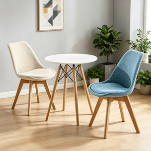 Chaise de salle à manger en lin nordique en gros avec dossier incurvé en forme de tulipe et pieds coniques en bois massif pour la maison et les restaurants - Product Image 2