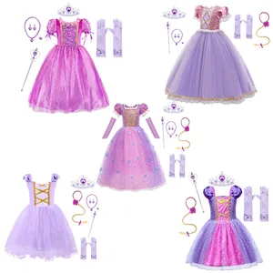 Kids Halloween Cosplay Repunzel Tangled Carnival Girls Fancy Party Dress Rapunzel Princess Dress Costume Wig With Headband