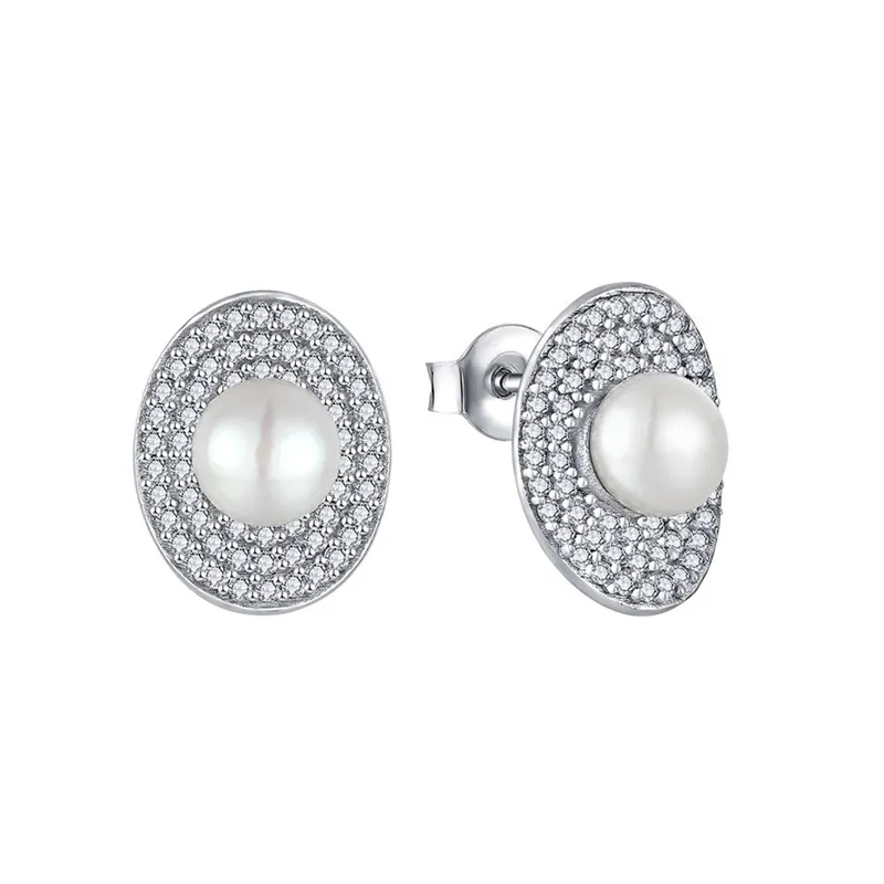 Women Large Pearl Rhinestone Baroque Stud Earrings Diamond Pearl Button Shaped Stud Earrings Cute 925 Sterling Silver Zircon