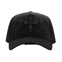 Casquette de baseball vintage de luxe sportive 5 panneaux en polyester/coton noire avec strass, broderie croix, fleur de prunier chinoise et motif léopard à pois