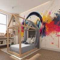 Grafiti Musik Dinamis Grosir, Mural Non Woven Ukuran Kustom, Seni Dinding Headphone Warna-warni untuk Ruang Pria, Bar Musik, Tahan Api
