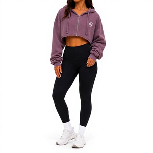 Women's <b>Cropped</b> <b>Zip</b>-<b>Up</b> Hoodie Solid Color Oversized Fleece Sweatshirt With Logo Front Autumn Casual Wear - Product Image 1