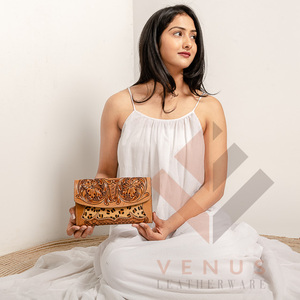 High Quality Women's Genuine Leather Purse Wallet Fashionable <b>Long</b> Design Clutch <b>Bag</b> with Open Closure and Decorative Feathers - Product Image 6