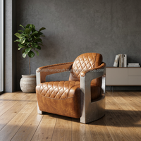 Sillón Elegante de Cuero Genuino, Diseño Tradicional, Estructura Resistente y Ecológica, Cojines Suaves, Comodidad y Elegancia para Dormitorio u Oficina