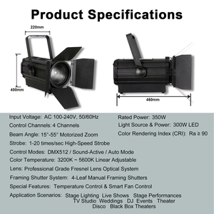 Projecteur <span class=keywords><strong>Fresnel</strong></span> LED COB 350W à Zoom, Blanc Chaud CCT 3200K-5600K, DMX512 4 Canaux Ra90, Éclairage Scène Théâtre TV, Prix Usine - Product Image 4