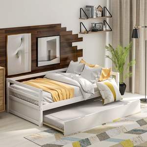 DB Luxury Twin Size <b>Trundle</b> <b>Bed</b> Frame <b>With</b> Storage Modern <b>Wood</b> Upholstered Foam Mattress White - Product Image 3