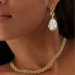 Gemnel Fashion 925 Silver Party Jewelry Chunky Baroque Freshwater Pearl Drop Chain Link Earrings