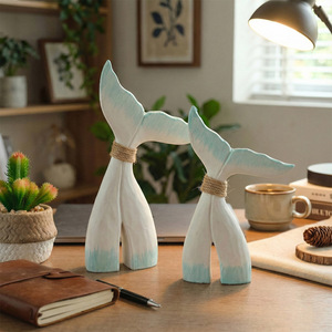 Juego de Adornos de Cola de Ballena de Madera, Estilo Mediterráneo Azul y Blanco, Decoración de Escritorio para el Hogar u Oficina, Forma Irregular, Paquete de Varias Piezas - Product Image 1