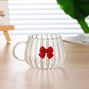 Schleifenknoten Hitzebeständige Glas-Tasse mit Niedlichem Großen Bauch und Vertikalen Streifen, Modische Einfache Kaffeetasse für Zuhause, Kürbis-Milchtee-Tasse - Product Image 2