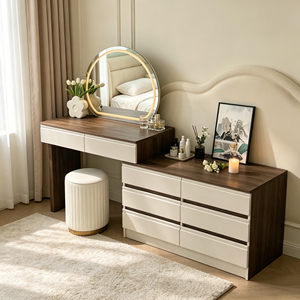 Ensemble coiffeuse extensible bicolore en noyer avec miroir LED circulaire, 6 tiroirs latéraux, tabouret à base dorée et bureau de maquillage en bois chaud pour chambre à coucher - Product Image 4