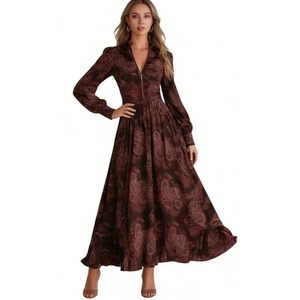 เดรสยาวพิมพ์ลายเพสลีย์สไตล์วินเทจสำหรับผู้หญิง แขนยาว ซิปด้านหน้า ทรงพลิ้วไหว ชุดราตรีแฟชั่น - Product Image 5