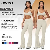 JINYU OEM Ensemble de yoga pour femme, comprenant un soutien-gorge de sport à dos croisé et dos nu, un crop top à col en V et un pantalon de yoga évasé taille haute effet push-up