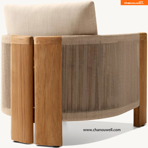 Fauteuil de salon moderne en teck de qualité supérieure, dossier en forme de baril, détails tressés en corde, résistant aux intempéries, ensemble d'extérieur pour cour - Product Image 6