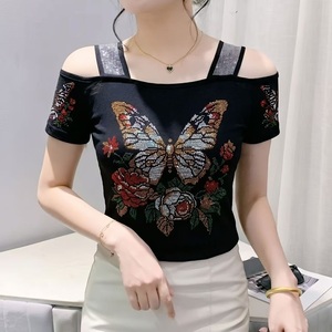 Maglietta con Motivo Personalizzato, Farfalla Dorata con Strass, Top <span class=keywords><strong>a</strong></span> <span class=keywords><strong>Maniche</strong></span> <span class=keywords><strong>Corte</strong></span> Traspirante in Rete per Donne - Product Image 5