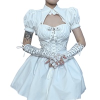 Ensemble 2 pièces pour femme, couleur unie, style décontracté - Mini-robe corset à manches bouffantes avec corsage à lacets, détails croisés et col rabattu, pour soirée