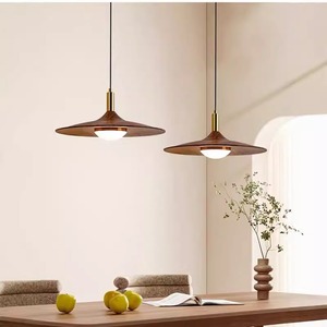 Japanese Retro Walnut Wood Pendant <b>Light</b> Led E27 Round Chocolate Wabi Sabi Style Tea Room <b>Bar</b> Counter Chandelier - Product Image 1