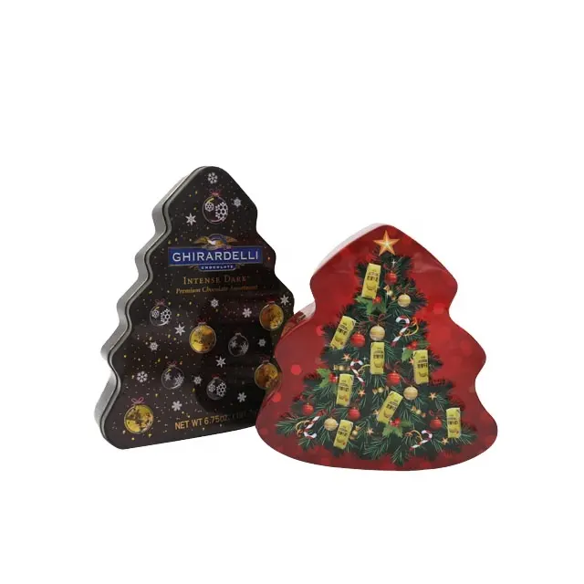 شكل شجرة هدية الكريسماس القصدير مربع الحلوى التعبئة والتغليف صندوق مخصص هدية tinstore علامة الشعار لتجارة التجزئة لافتة