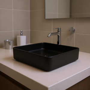 Vasque de salle de bain rectangulaire en céramique noire 24x16 pouces à poser sur le plan, design minimaliste - Product Image 2