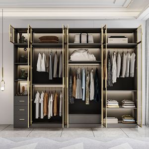<span class=keywords><strong>Dressing</strong></span> de luxe avec portes vitrées à cadre en aluminium doré, éclairage LED, en forme de <span class=keywords><strong>U</strong></span>, pour villa, système de rangement sur mesure - Product Image 2