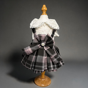 Robe de luxe élégante à carreaux JK pour animaux de compagnie, col en dentelle, jupe pour chien, grand nœud, uniforme scolaire mignon pour petits chiens et chats - Product Image 1