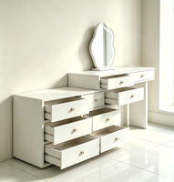 Coiffeuse de maquillage de couleur personnalisable avec miroir | Commode extensible en bois massif de style crème