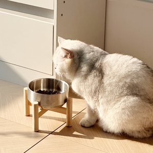 Gamelle pour <span class=keywords><strong>chat</strong></span> en acier inoxydable 304 de qualité supérieure avec support surélevé en bois massif, anti-déversement, inclinée, antidérapante, pour chien, écologique - Product Image 1